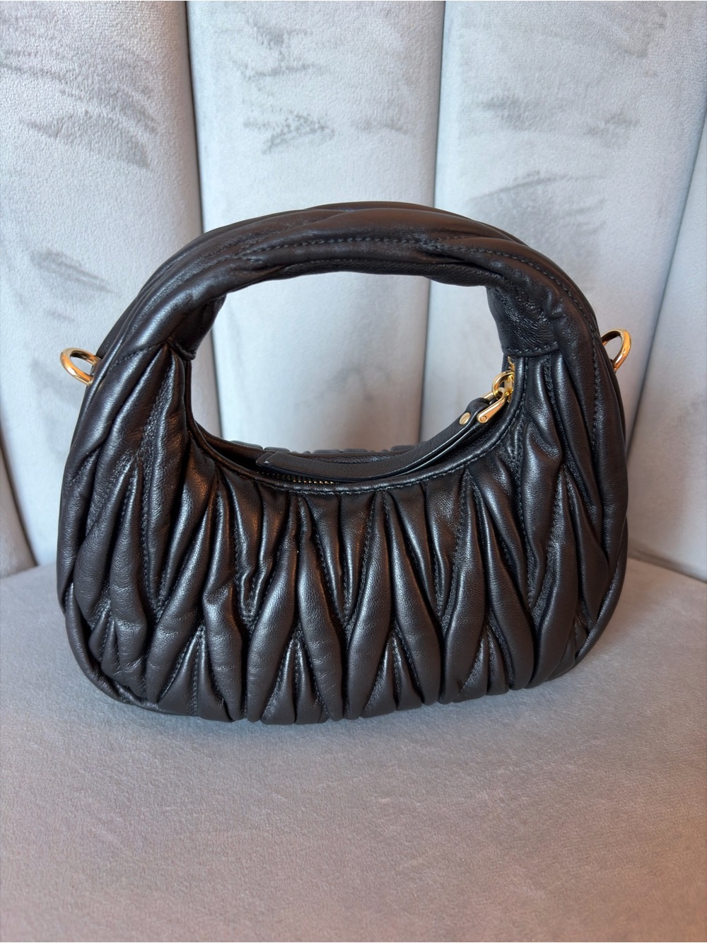 Miu Miu Black Wander Nappa Leather Matelassé Mini Bag with Gold Hardware - Picture 9 of 12